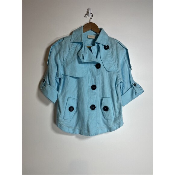 Chico's Jacket Woman's Size 0 Linen Aqua Blue 3/4 Roll Sleeve Button - Picture 1 of 4